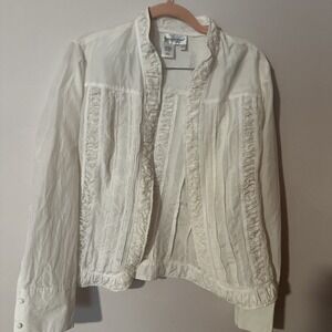 coldwater creek jacket large white Rutched Zip Up Shirt Satin Look Button Sleeve